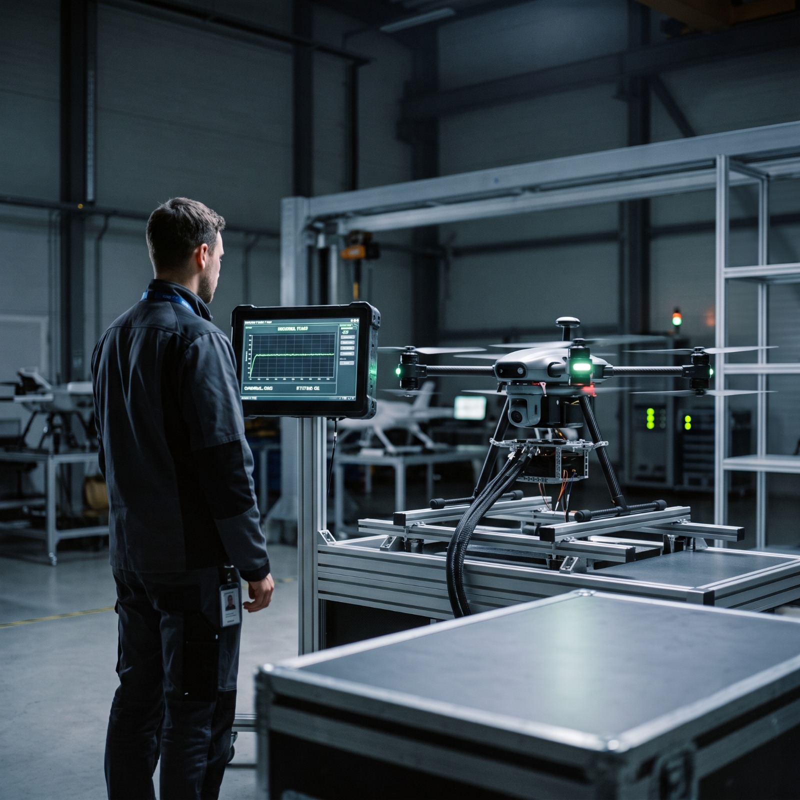 An engineer reviewing live telemetry beside a drone on a test rig.